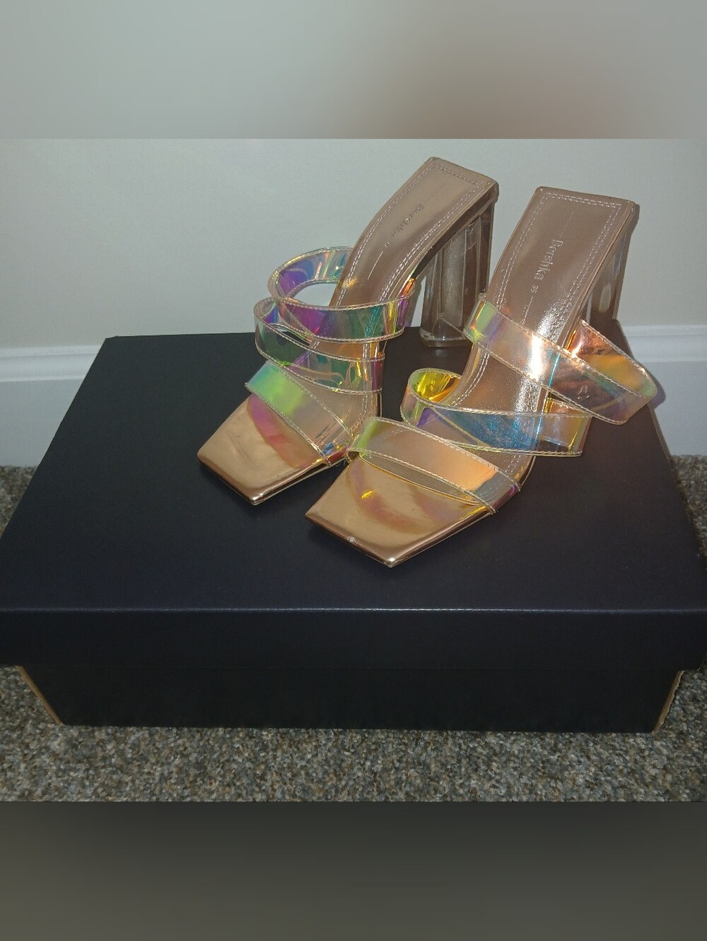 Bershka Iridescent Gold Strappy Block Heel Mules